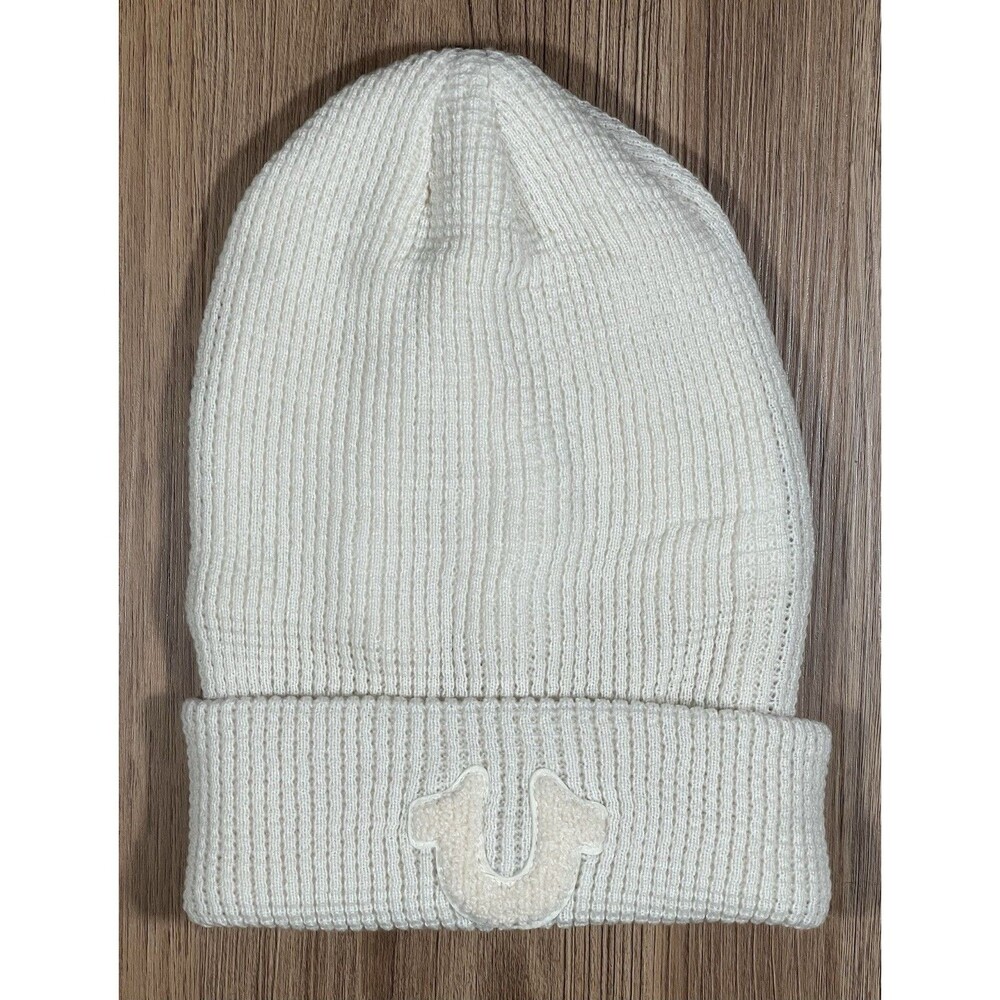 True Religion White Fuzzy Logo Waffle Knit Beanie Hat